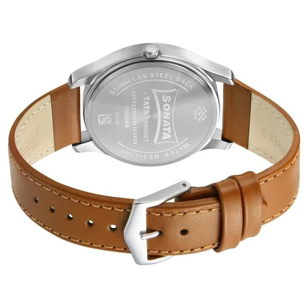 Sonata 77082SL08W | Sonata Quartz Analog with Day and Date Black Dial Leather Strap Watch for Men