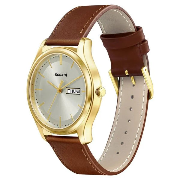 Sonata NP77082WL06W | Sonata Quartz Analog with Day and Date Champagne Dial Leather Strap Watch for Men