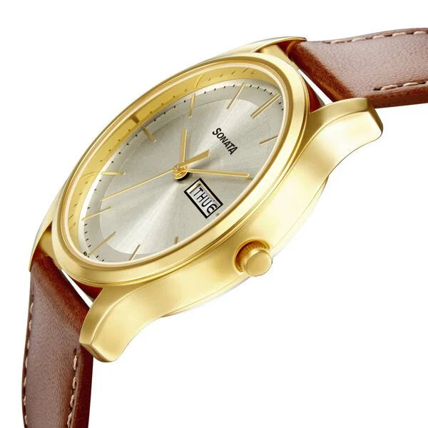 Sonata NP77082WL06W | Sonata Quartz Analog with Day and Date Champagne Dial Leather Strap Watch for Men