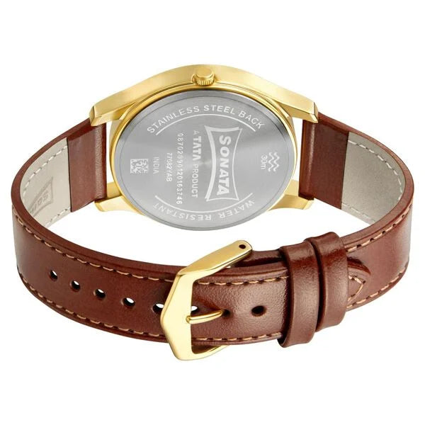 Sonata NP77082WL06W | Sonata Quartz Analog with Day and Date Champagne Dial Leather Strap Watch for Men