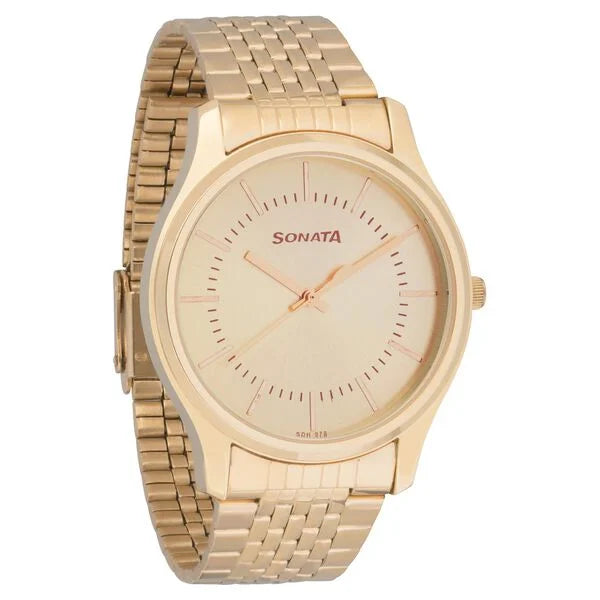 Sonata NM77082YM02 | Sonata Essentials Quartz Analog Champagne Dial Golden Stainless Steel Strap Watch For Men