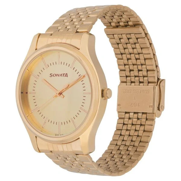 Sonata NM77082YM02 | Sonata Essentials Quartz Analog Champagne Dial Golden Stainless Steel Strap Watch For Men