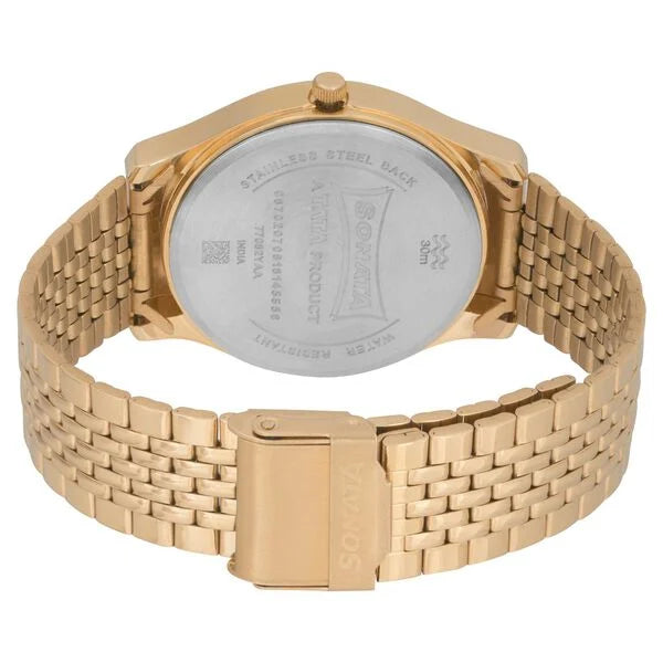 Sonata NM77082YM02 | Sonata Essentials Quartz Analog Champagne Dial Golden Stainless Steel Strap Watch For Men