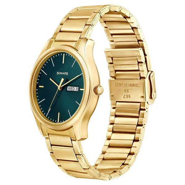 Sonata NS77082YM05W | Sonata Quartz Analog with Day and Date Green Dial Stainless Steel Strap Watch for Men