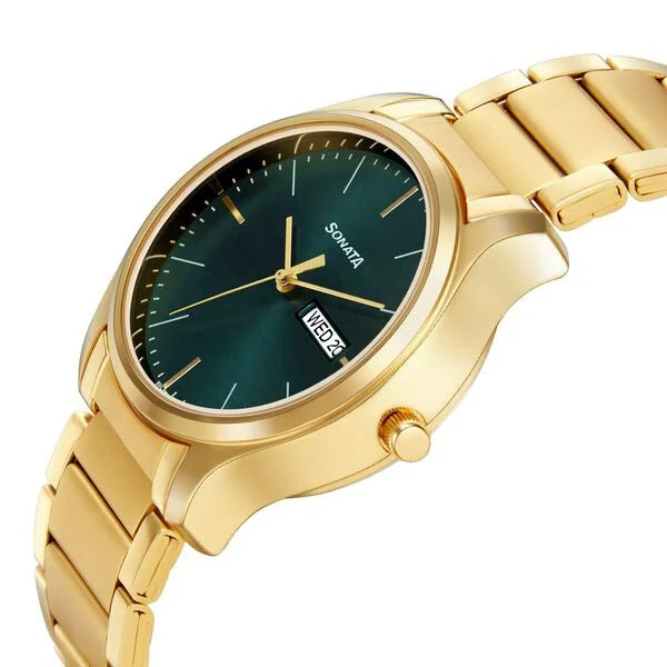 Sonata 77082YM05W | Sonata Quartz Analog with Day and Date Green Dial Stainless Steel Strap Watch for Men