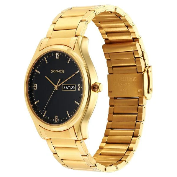 Sonata 77082YM08 | Sonata Quartz Analog with Day and Date Black Dial Watch for Men