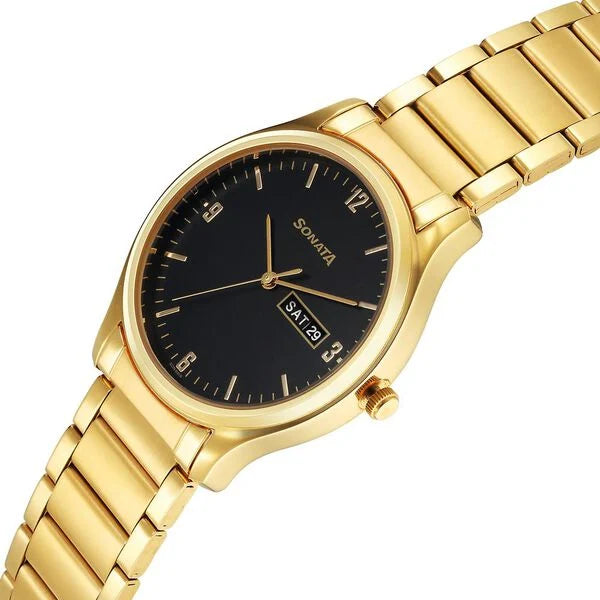 Sonata 77082YM08 | Sonata Quartz Analog with Day and Date Black Dial Watch for Men