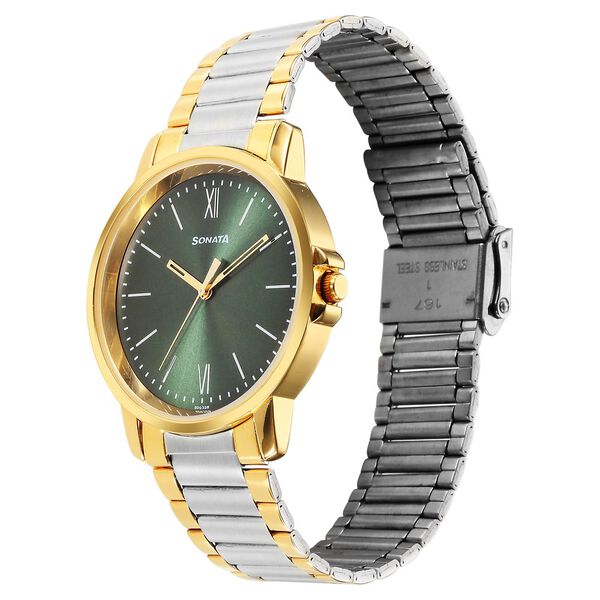 Sonata 77083BM01 | Sonata Traditional Essentials Quartz Analog Green Dial Stainless Steel Strap Watch for Men