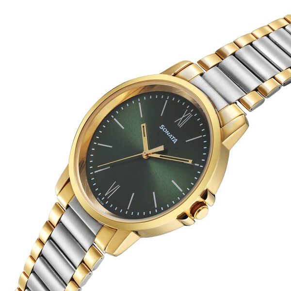 Sonata 77083BM01 | Sonata Traditional Essentials Quartz Analog Green Dial Stainless Steel Strap Watch for Men