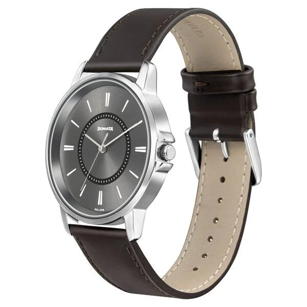 Sonata 77083SL06 | Sonata Quartz Analog Grey Dial Leather Strap Watch for Men
