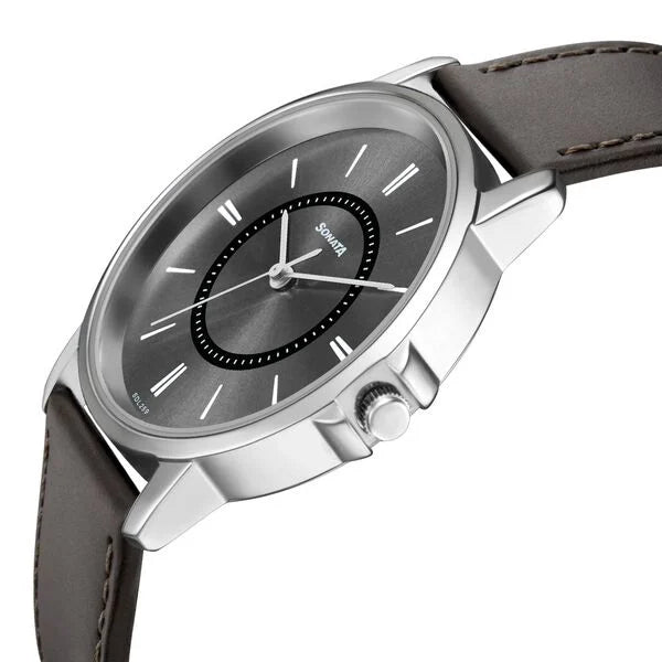 Sonata 77083SL06 | Sonata Quartz Analog Grey Dial Leather Strap Watch for Men
