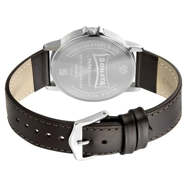 Sonata 77083SL06 | Sonata Quartz Analog Grey Dial Leather Strap Watch for Men