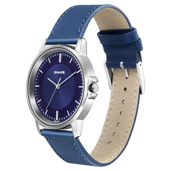 Sonata 77083SL07 | Sonata Quartz Analog Blue Dial Leather Strap Watch for Men