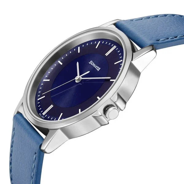 Sonata 77083SL07 | Sonata Quartz Analog Blue Dial Leather Strap Watch for Men
