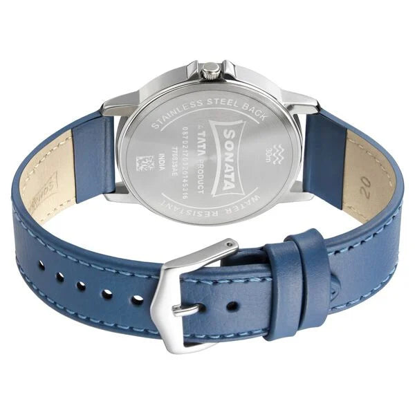 Sonata 77083SL07 | Sonata Quartz Analog Blue Dial Leather Strap Watch for Men