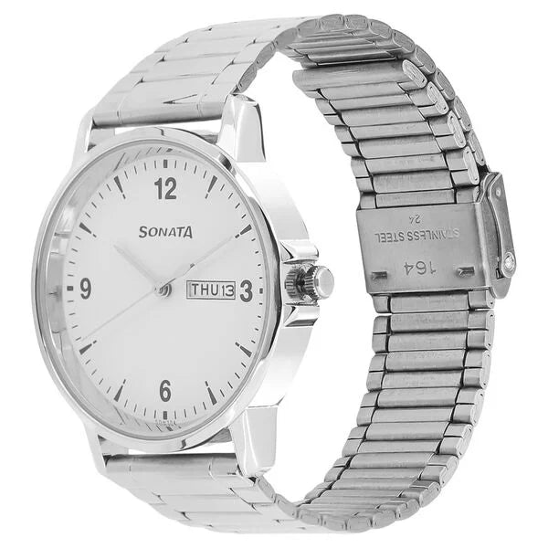 Sonata NS77083SM01 | Sonata Quartz Analog with Day and Date White Dial Stainless Steel Strap Watch for Men