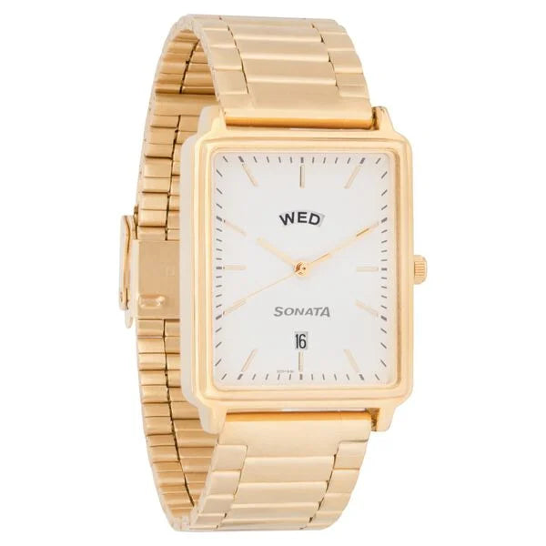 Sonata NP77084YM04 | Sonata Quartz Analog with Day and Date White Dial Stainless Steel Strap Watch for Men