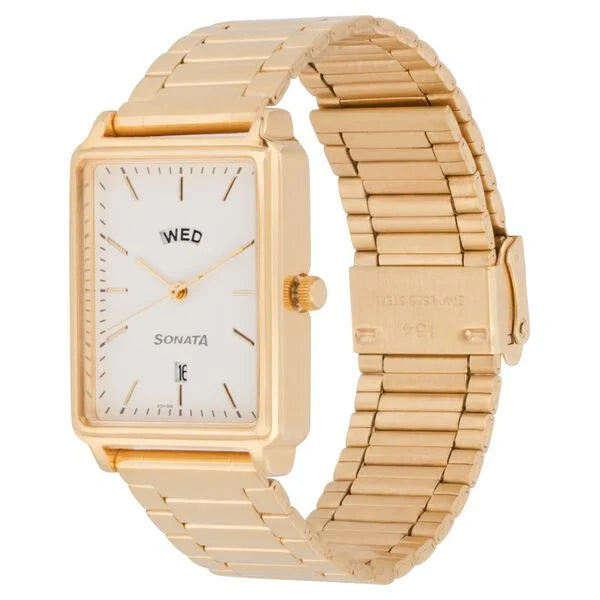 Sonata NN77084YM04 | Sonata Quartz Analog with Day and Date White Dial Stainless Steel Strap Watch for Men