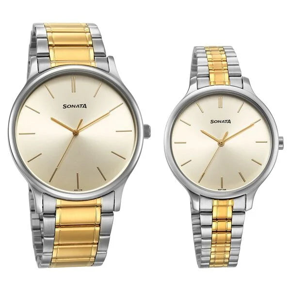 Sonata 7710587050BM01 | Sonata Pair Quartz Analog Champagne Dial Stainless Steel Strap Watch for Couple