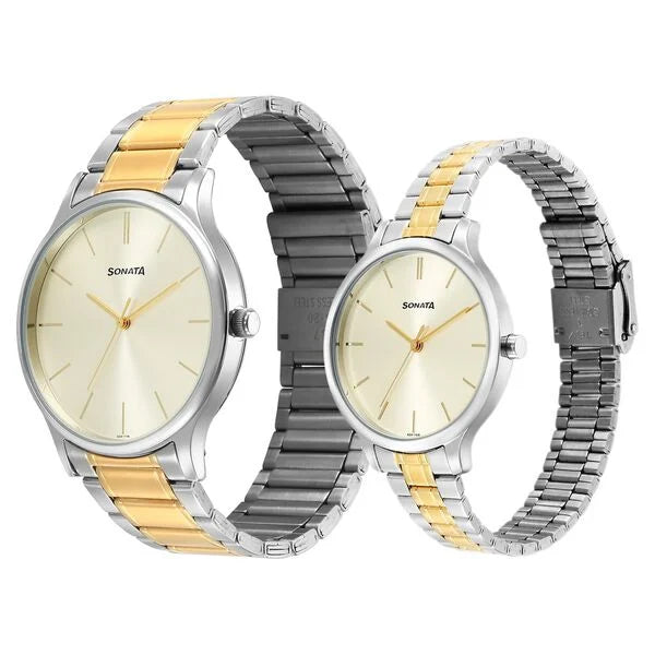 Sonata 7710587050BM01 | Sonata Pair Quartz Analog Champagne Dial Stainless Steel Strap Watch for Couple