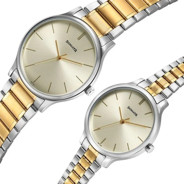 Sonata 7710587050BM01 | Sonata Pair Quartz Analog Champagne Dial Stainless Steel Strap Watch for Couple