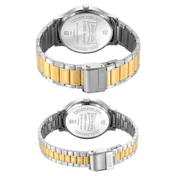 Sonata 7710587050BM01 | Sonata Pair Quartz Analog Champagne Dial Stainless Steel Strap Watch for Couple