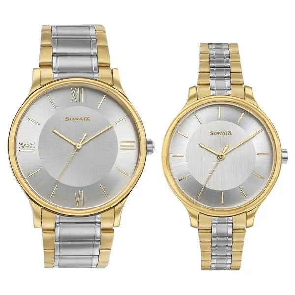 Sonata 7710587050BM02 | Sonata Modern Bandhan Quartz Analog Silver Dial Stainless Steel Strap Watch for Couple