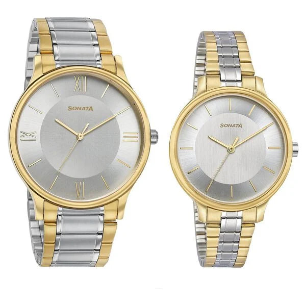 Sonata 7710587050BM02 | Sonata Modern Bandhan Quartz Analog Silver Dial Stainless Steel Strap Watch for Couple