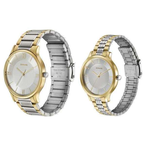 Sonata 7710587050BM02 | Sonata Modern Bandhan Quartz Analog Silver Dial Stainless Steel Strap Watch for Couple