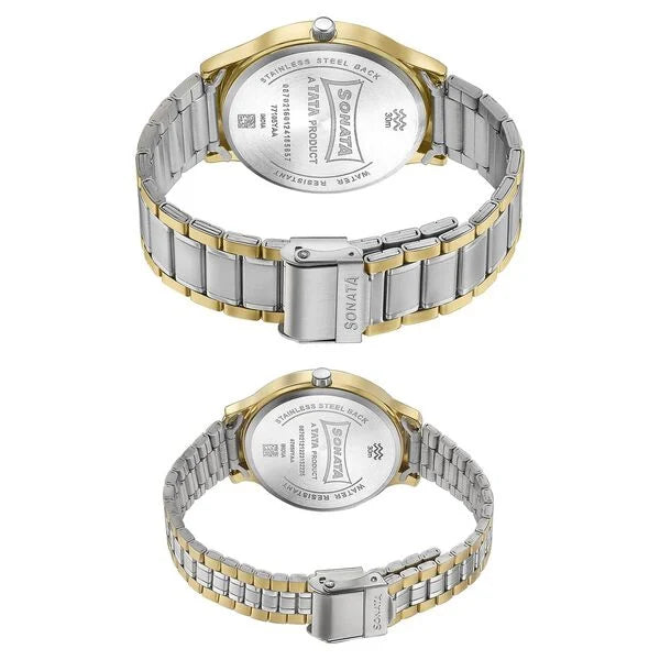 Sonata Pair 7710587050BM02 | Sonata Modern Bandhan Quartz Analog Silver Dial Stainless Steel Strap Watch for Couple