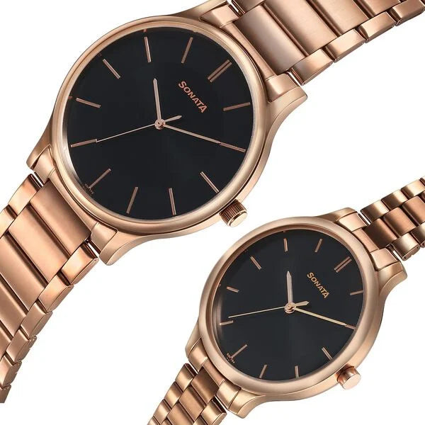 Sonata Pair 7710587050WM01 | Sonata Pair Quartz Analog Black Dial Stainless Steel Strap Watch for Couple
