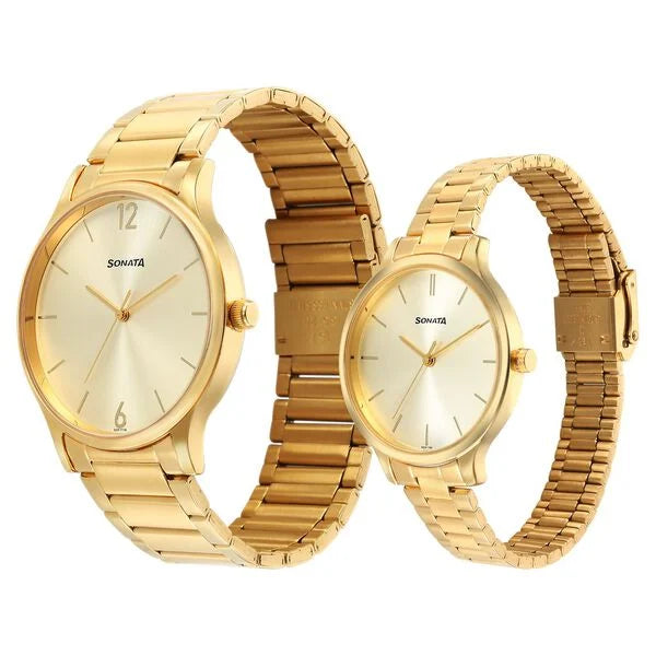 Sonata 7710587050YM01 | Sonata Pair Quartz Analog Champagne Dial Stainless Steel Strap Watch for Couple