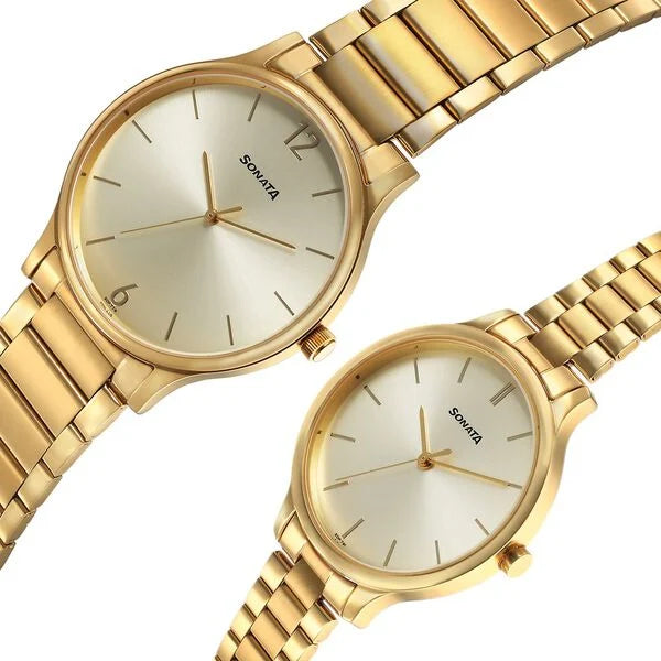 Sonata 7710587050YM01 | Sonata Pair Quartz Analog Champagne Dial Stainless Steel Strap Watch for Couple
