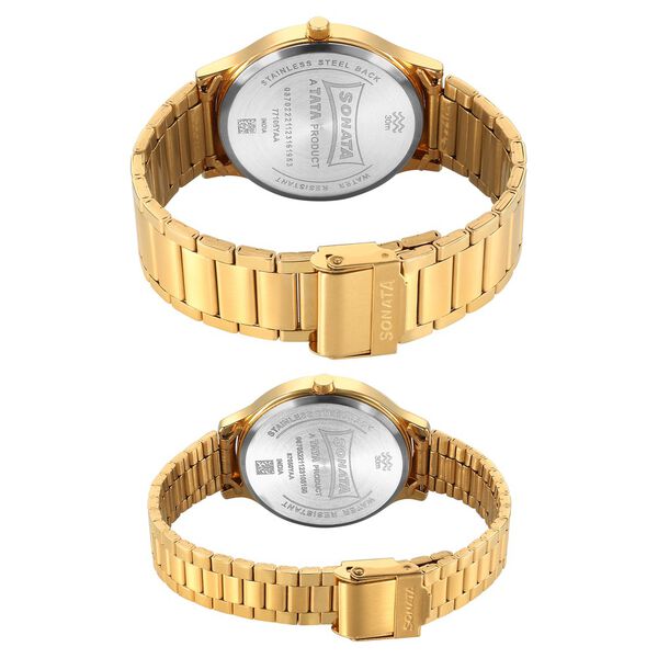 Sonata 7710587050YM01 | Sonata Pair Quartz Analog Champagne Dial Stainless Steel Strap Watch for Couple