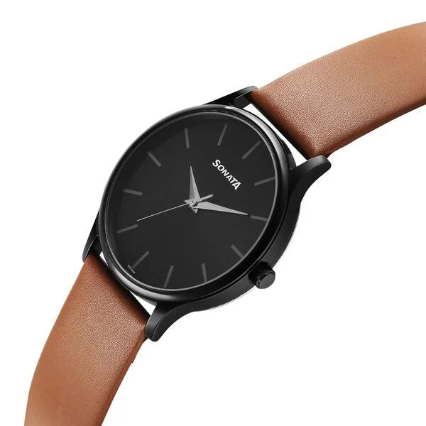 Sonata 77105NL09W | Sonata Aspire Quartz Analog Black Dial Leather Strap Watch for Men