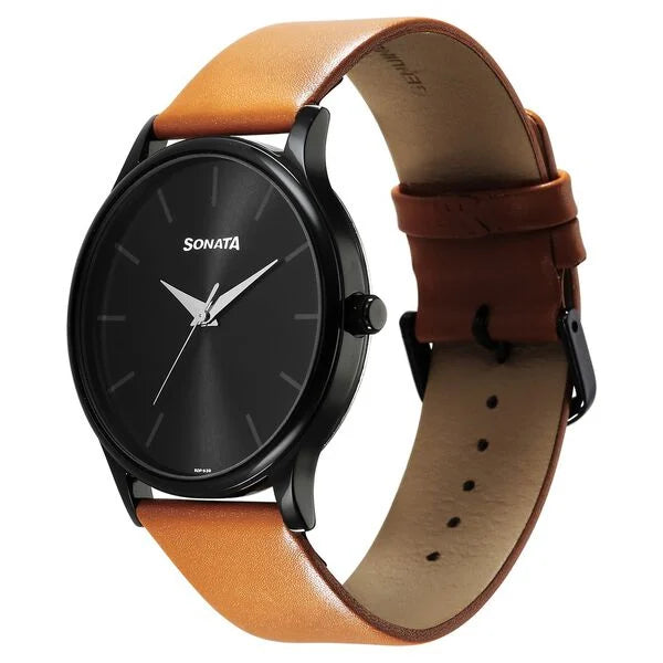 Sonata 77105NL09W | Sonata Aspire Quartz Analog Black Dial Leather Strap Watch for Men