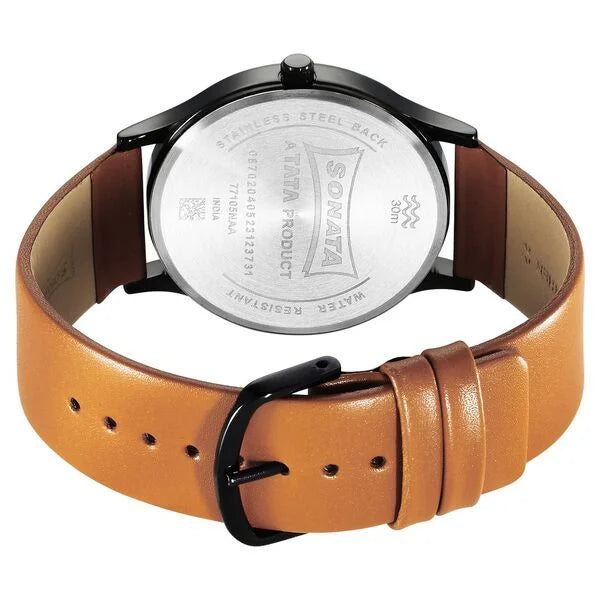 Sonata 77105NL09W | Sonata Aspire Quartz Analog Black Dial Leather Strap Watch for Men
