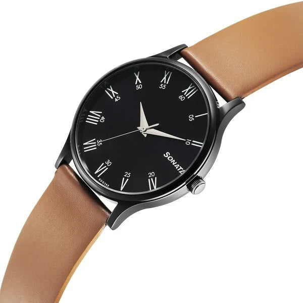 Sonata 77105NL13W | Sonata Aspire Quartz Analog Black Dial Leather Strap Watch for Men