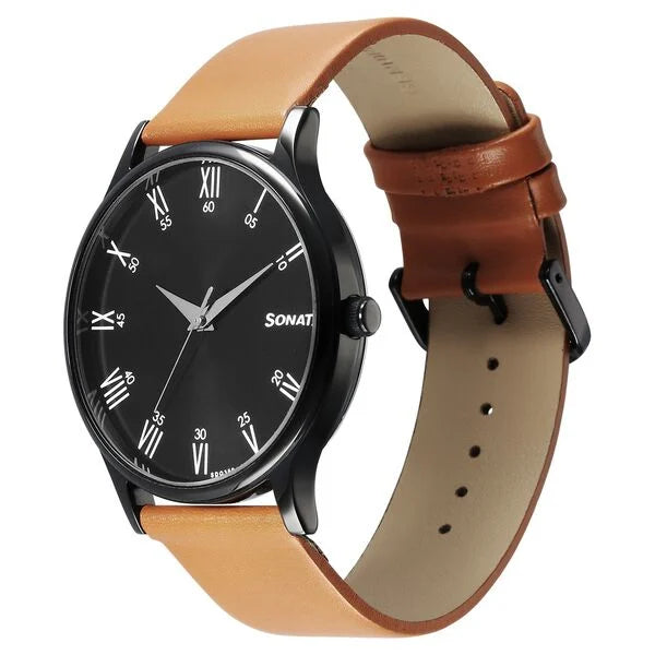 Sonata 77105NL13W | Sonata Aspire Quartz Analog Black Dial Leather Strap Watch for Men