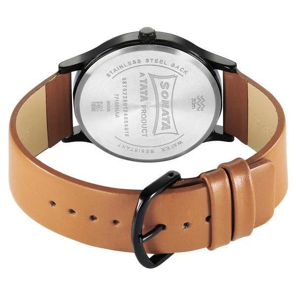 Sonata 77105NL13W | Sonata Aspire Quartz Analog Black Dial Leather Strap Watch for Men