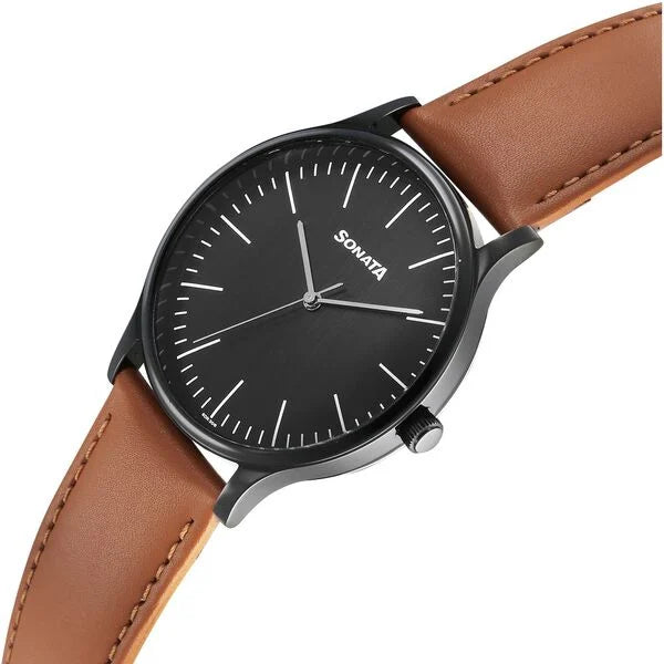 Sonata 77105NL15W | Sonata Aspire Quartz Analog Black Dial Leather Strap Watch For Men