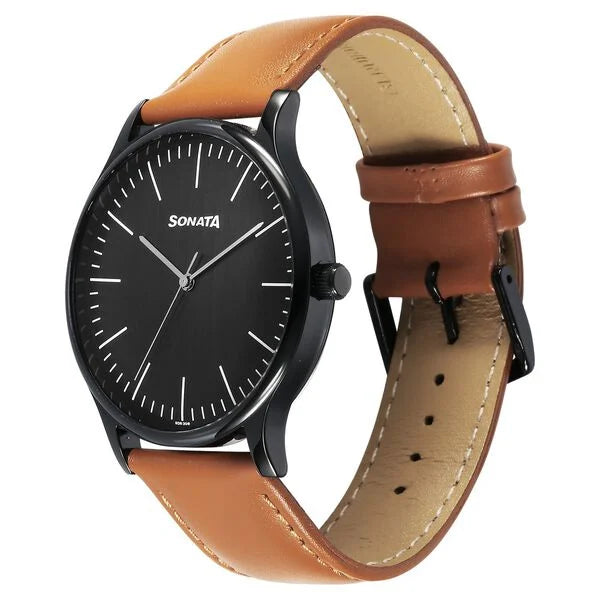 Sonata 77105NL15W | Sonata Aspire Quartz Analog Black Dial Leather Strap Watch For Men