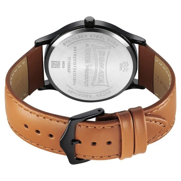 Sonata 77105NL15W | Sonata Aspire Quartz Analog Black Dial Leather Strap Watch For Men