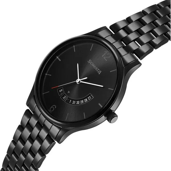 Sonata NS77105NM01 | Sonata Quartz Analog with Date Black Dial Watch for Men