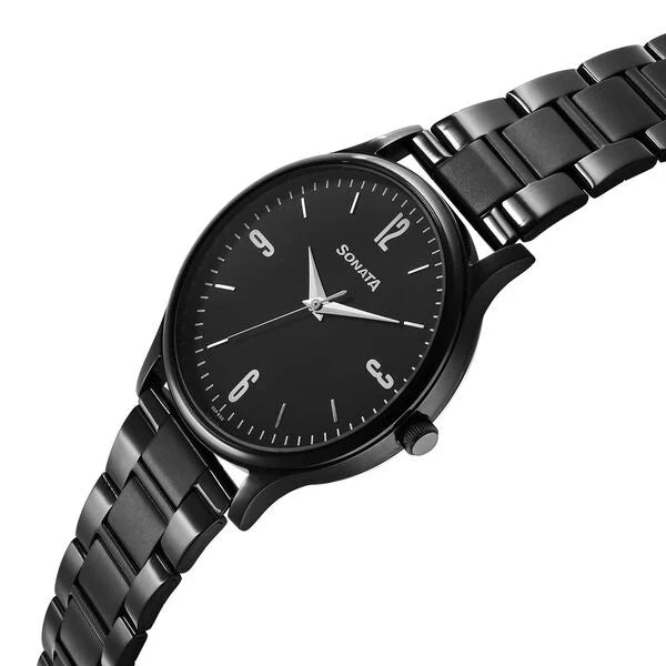 Sonata 77105NM04 | Sonata Aspire Quartz Analog Black Dial Stainless Steel Strap Watch for Men