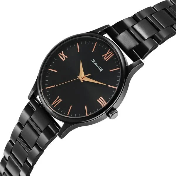 Sonata 77105NM09W | Sonata Aspire Quartz Analog Black Dial Stainless Steel Strap Watch for Men