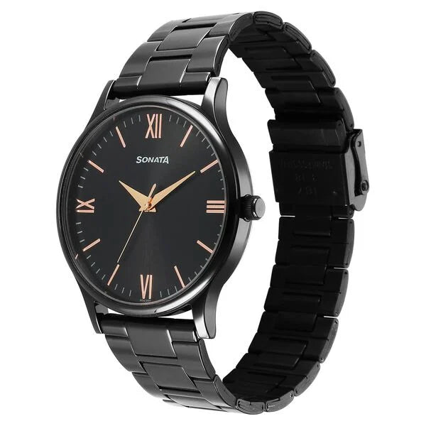Sonata 77105NM09W | Sonata Aspire Quartz Analog Black Dial Stainless Steel Strap Watch for Men