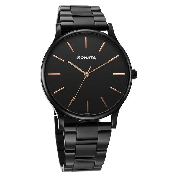Sonata 77105NM11 | Sonata Aspire Quartz Analog Black Dial Stainless Steel Strap Watch For Men