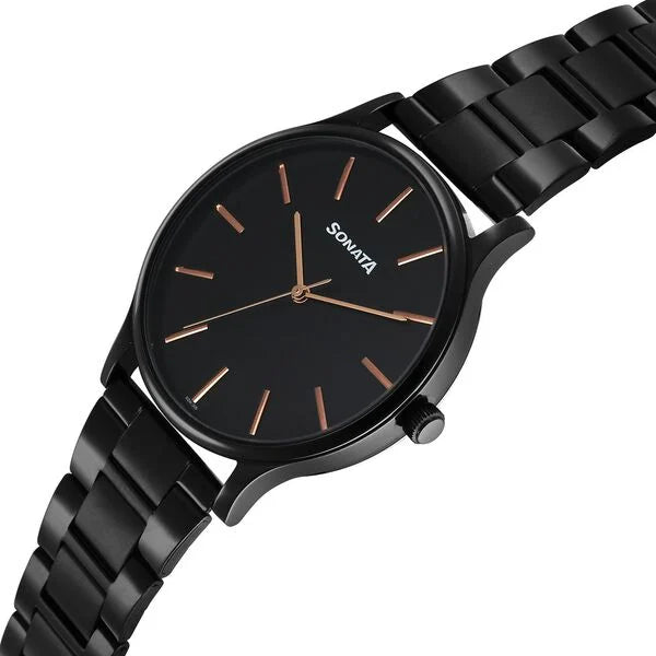 Sonata 77105NM11 | Sonata Aspire Quartz Analog Black Dial Stainless Steel Strap Watch For Men
