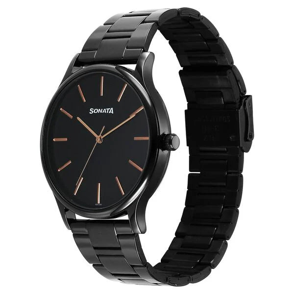 Sonata 77105NM11 | Sonata Aspire Quartz Analog Black Dial Stainless Steel Strap Watch For Men